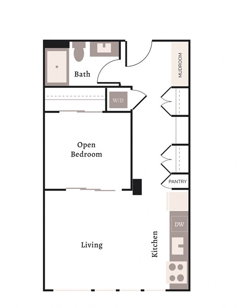 Floor plan for 1 bed, 1 bath, 670 sqft